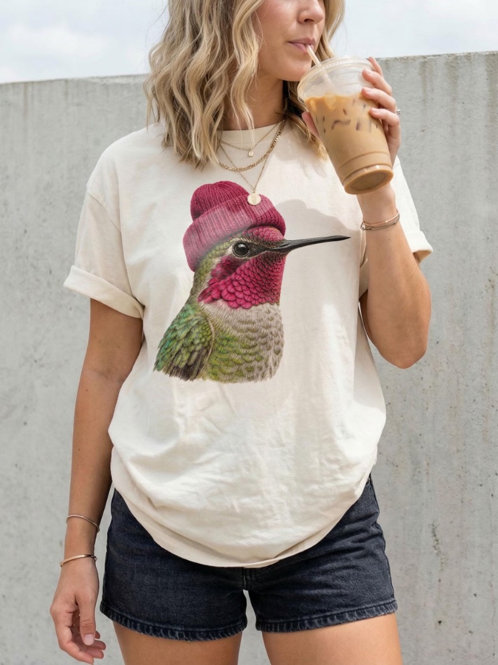Comfort Colors Ivory Hummingbird Graphic Tee with Pink Knit Cap
